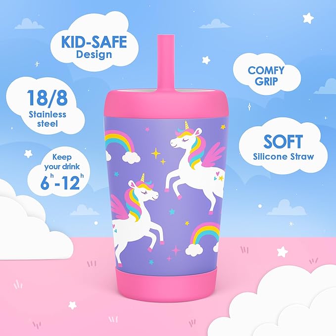 Kid Insulated Stainless Steel Tumbler with Silicone Straw, 12oz Sippy Cup for Kids (Unicorn)-CubbioJoy