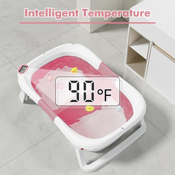 Collapsible Baby Bathtub,Baby Bath Tub with Soft Cushion & Thermometer,Baby Bathtub Newborn to Toddler 0-36 Months,Portable Travel Baby Tub-CubbioJoy