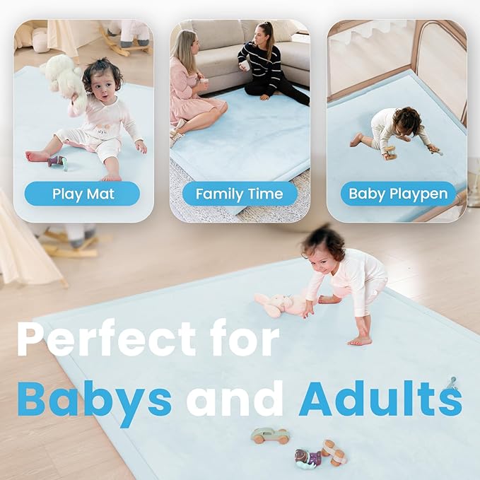 Baby Play Mat for Kids Room,Extra Thick Elasti-Foam Anti-Fall Cushion Mat for Babies,Toddlers,Infants,Water-Repellent&Non-Slip Bedroom Bedside Rugs(Ice Blue)-CubbioJoy