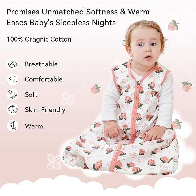 Baby Sleep Sack 0-6 Months 0.5 Tog Wearable Blanket Baby, 3 Pack 100% Cotton Lightweight Sleeping Sack with 2-Way Zipper for Newborn Infant Strawberry-CubbioJoy
