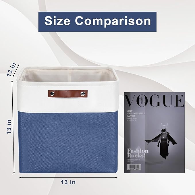 13x13 Cube Storage Bins, Collapsible Fabric Storage Box, 4 Pack Closet Baskets with Handles for Organizing, Shelf, Toys, Clothes, Home, Office, Nursery (NavyBlue&White)-CubbioJoy