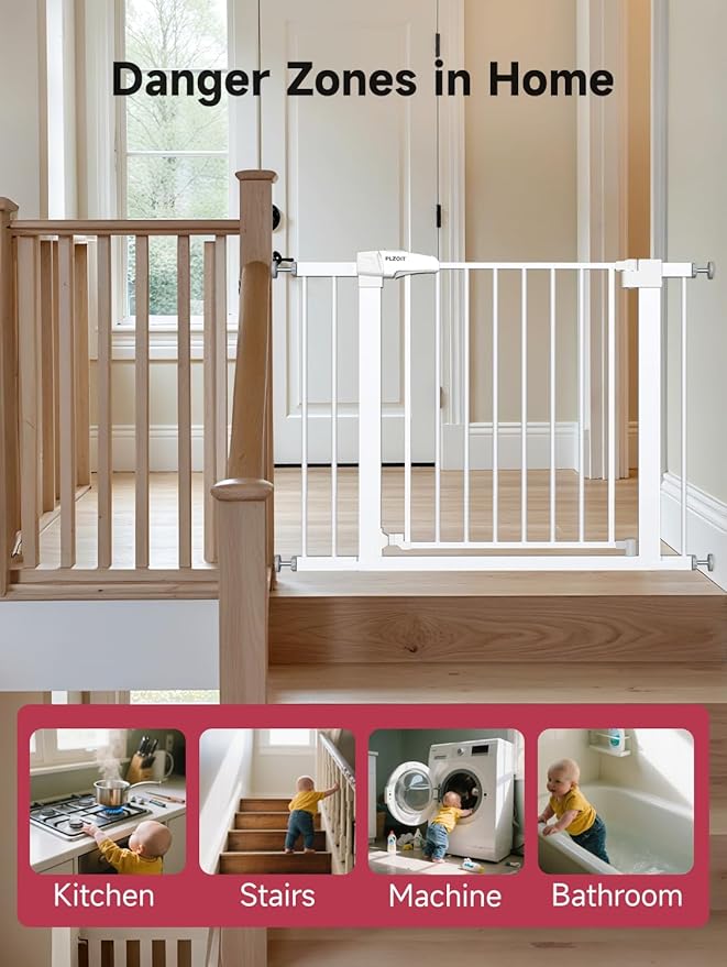 Baby Gate for Stairs, 29.5-40.5" Dog Gate for Doorways, Walk Thru Auto Close Metal Child Gate for The House, Stairs and Doorways, Pressure Mounted Pet Gate for Dog Indoor (White)-CubbioJoy