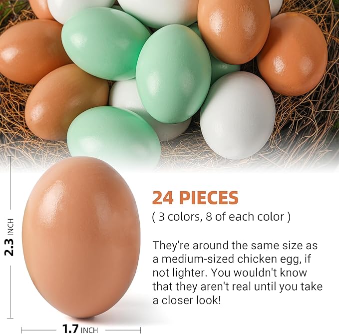 CALPALMY (24 Pieces) Hyper-Realistic Wooden Eggs - 3 Colors Wooden Fake Eggs for Easter, Painting, Decorating, Crafting, Fake Food, and Nest Box Training (8pcs Brown, 8pcs White, 8pcs Green)-CubbioJoy
