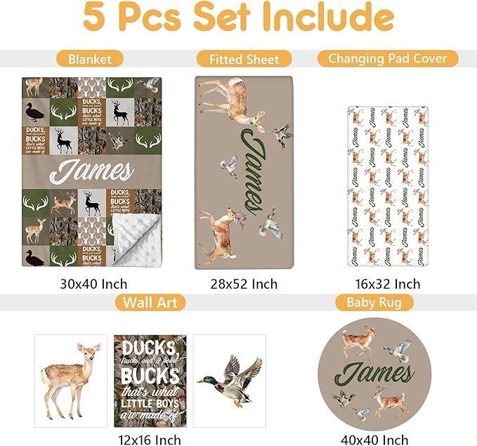 Custom Baby Crib Bedding Set, 5 Pcs Personalized Name Baby Crib Sets for Infant Toddler, Green Woodland Deer Nursery Bedding Set for Boys Girls, Double Layer Baby Bedding Sets Customized Gifts-CubbioJoy