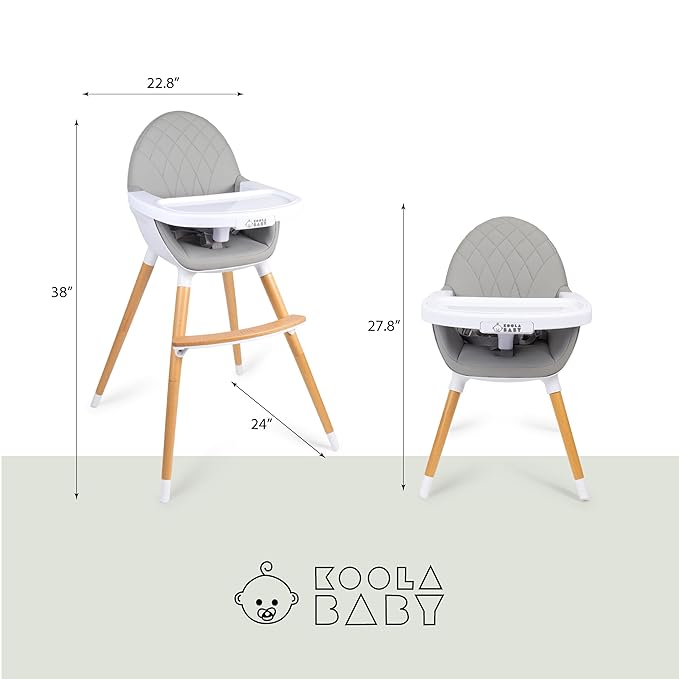 Convertible High Chair for Babies, Toddlers, Kids & Children - Wooden Highchair with Adjustable Height & Dishwasher Safe Tray - Wood Feeding & Dining Chair - Converts to Booster Seat - KoolaBaby-CubbioJoy