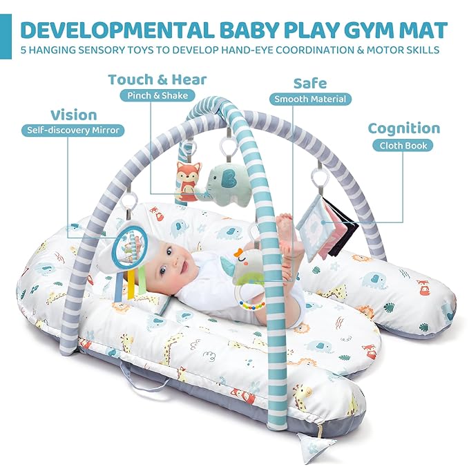 Baby Play Mat, 7-in-1 Tummy Time Activity Gym Mat, Washable Baby Lounger Nest, Portable Floor Seat for Home & Travel, Baby Essentials Gift for Infant Newborn 0-6-12-18 Months-CubbioJoy