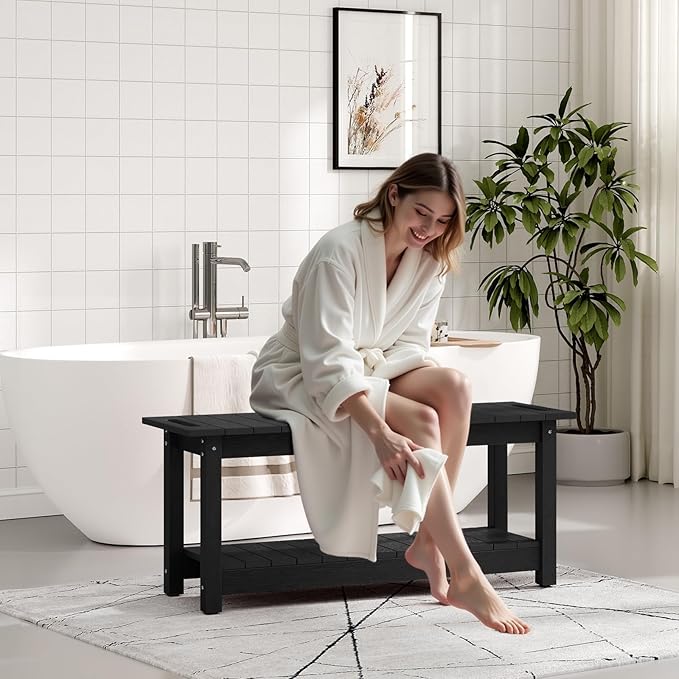 41" Shower Bench, Waterproof Poly Lumber Shower Stool for Shaving Legs, Shower Chair Seat Holds up to 400lbs, Bathroom Bench for Inside Shower, Non-Slip (Black)-CubbioJoy