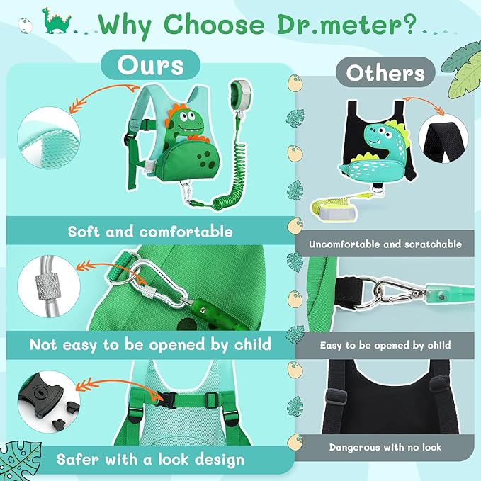 Dr.meter 3 in 1 Toddler Harness Leash + 8.2ft Anti Lost Wrist Link, Cute Dinosaur Kids Safety Harness Tether with Key Lock, Child Protective Leashes While Walking for Outdoor Activity Keep Kids Close-CubbioJoy