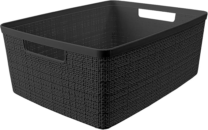 Curver Set of 6 Jute Medium Decorative Plastic Organization and Storage Baskets, Perfect Bins for Home Office, Closet Shelves, Kitchen Pantry and All Bedroom Essentials, Black-CubbioJoy