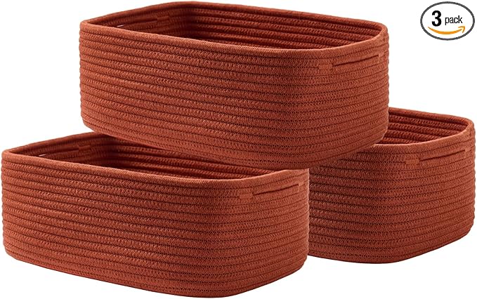 KALLAX Small Woven Basket, 13.5 x 9.5 x 5 Inches, Storage Basket for Organizing, Cute Small Rope Shelf Closet Cube Storage Bins Baskets for Shelves, Dog Toy Gift Baskets Empty, 3 Pack Rust Red-CubbioJoy