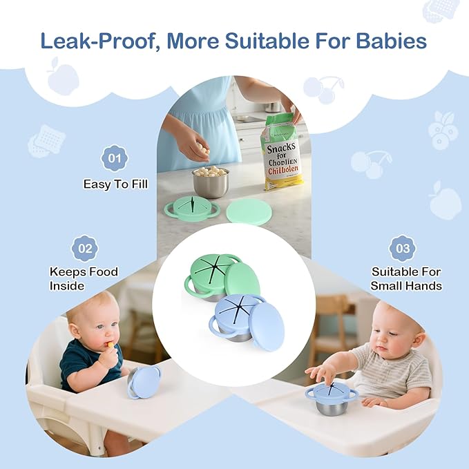 2 Pack Snack Cups for Toddlers Spill Proof - Detachable Stainless Steel Toddler Snack Cups with Silicone Lids & Handles - Dishwasher Safe Baby Snack Containers for Mess-Free Snacking (Blue and Green)-CubbioJoy