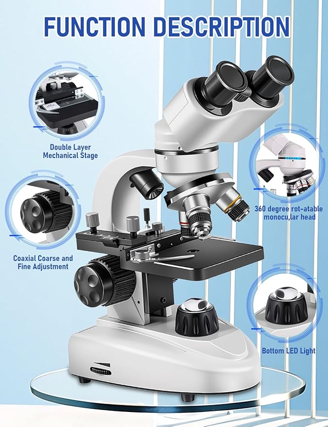 Binocular Compound Microscope 40X-2000X, Research Grade Professional Microscope with Dual Mechanical Stages and Coaxial Coarse/Fine Focus Knobs, Built-in Electronic Eyepieces, Adult Microscope-CubbioJoy