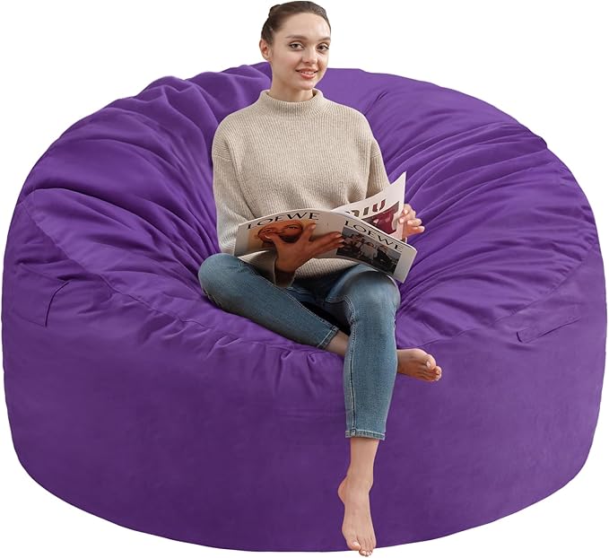 3FT Bean Bag Chair, Comfy Bean Bag Chairs with Memory Foam Filled, Fluffy Beanbag Sofa with Dutch Velvet Cover, Round BeanBag Chairs for Living Room, Playroom - Purple-CubbioJoy
