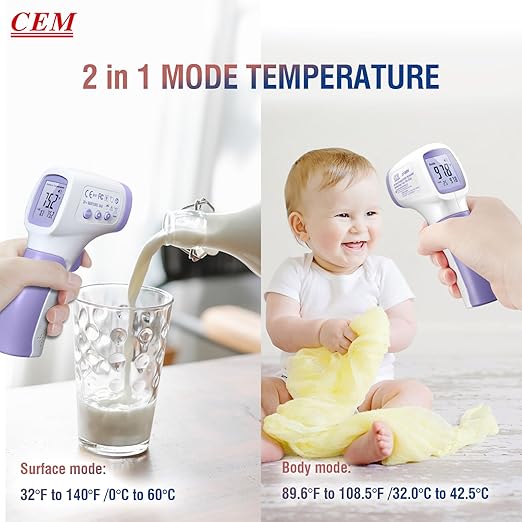 CEM DT-8806 Digital Thermometer for Adults and Kids, No Touch Forehead Thermometer for Baby, 2 in 1 Body Surface Mode Infrared Thermometer with Fever Alarm and Instant Accuracy Readings, Purple-CubbioJoy