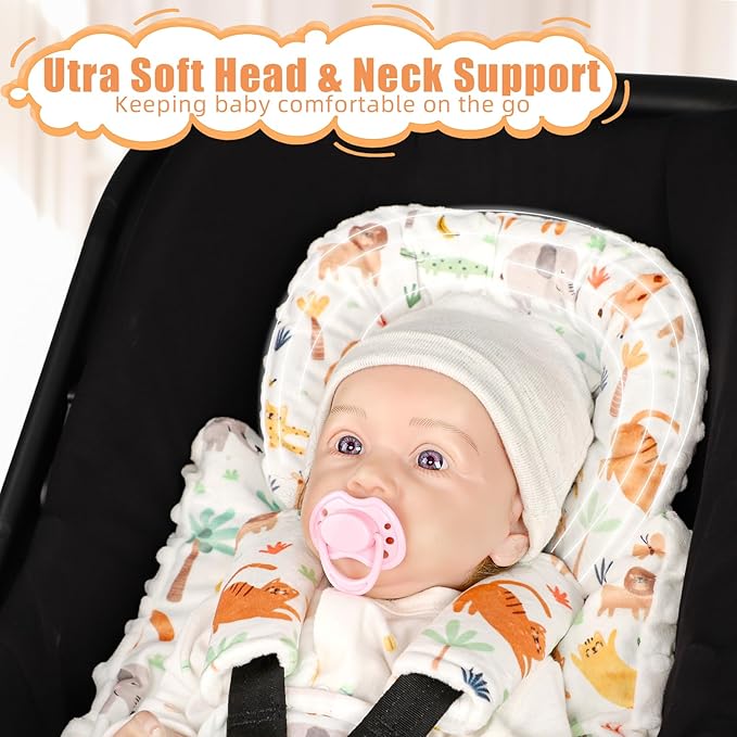 Infant Car Seat Insert, Soft Baby Car Seat Head & Body Support for Girl Boy, Reversible Newborn Preemie Carseat Insert Cushion with 3 Straps Pads Fits CarSeat, Stroller, Swing, Bouncer, Animals-CubbioJoy