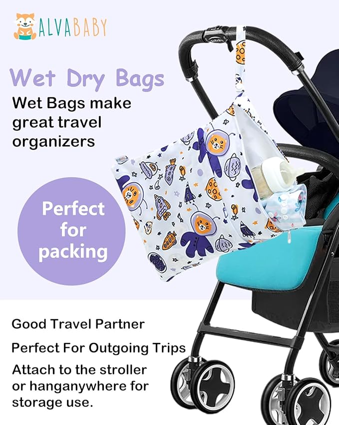 ALVABABY 3 Cloth Diaper Wet Dry Bags Waterproof Reusable with Two Zippered Pockets Travel Beach Pool Daycare Soiled Baby Items Yoga Gym Bag for Swimsuits or Wet Clothes Small Medium Large 3L-ZM28-CubbioJoy
