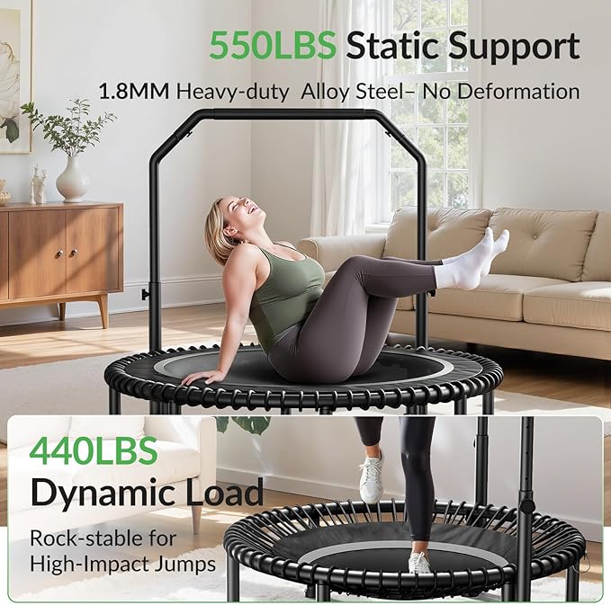BCAN 40"/48" Mini Rebounder Trampoline for Adults with Bar, 450/550LBS Fitness Trampoline with Bungees, Adjustable Handle, Stable & Quiet, Indoor Outdoor, Whole-Body Workout & Relaxation at Home-CubbioJoy