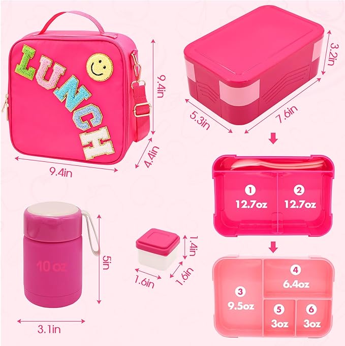Bento Lunch Box Set for Kids with 10oz Thermo Food Jar, Leak-Proof Lunch Containers with 6 Compartment, Nylon Preppy Lunch Bag with Adjustable Strap for Girls School Travel Picnic-CubbioJoy
