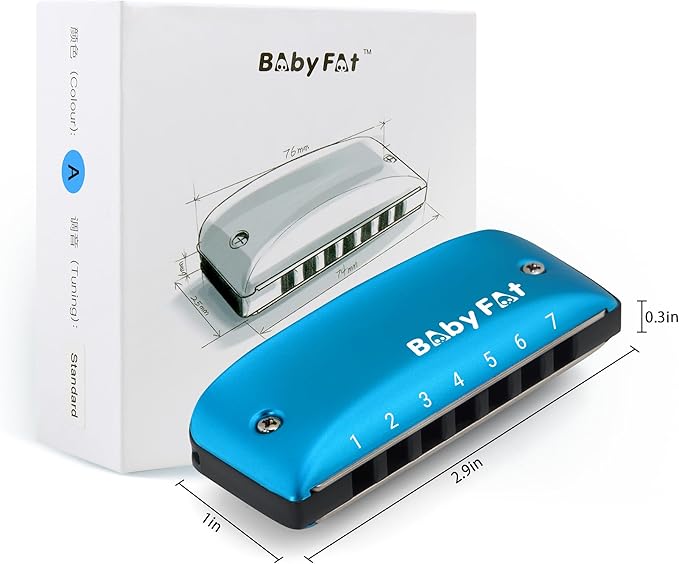 BabyFat 7 Hole Blues Mini Harmonica Set,Diatonic Harmonica with free lanyards,Gifts for Kids and Beginners,Easy-playing Musical Instrument(A Key）-CubbioJoy