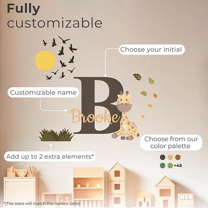 CRYPTONITE Personalized Name Jungle Animals Vinyl Wall Decor I Nursery Wall Decal for Baby Boy & Girl Decoration I Stickers for Kids I Multiple Options for Customization (B. Giraffe)-CubbioJoy