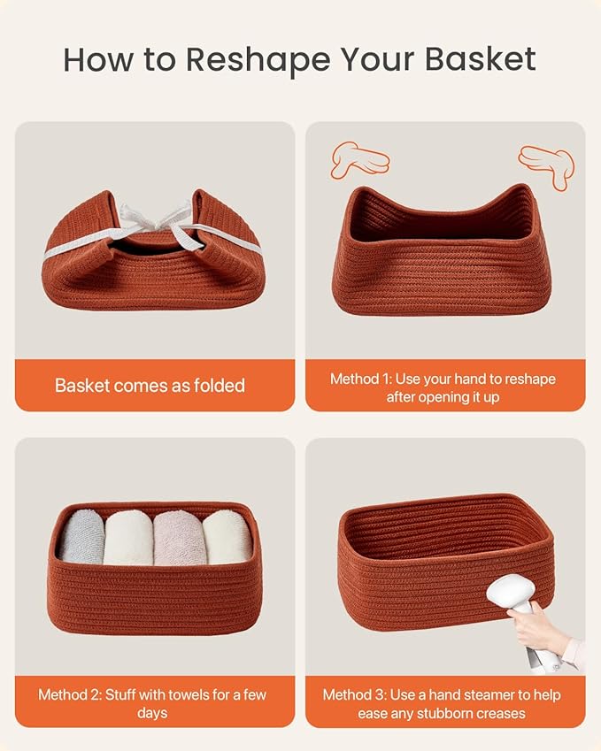 KALLAX Small Woven Basket, 12 x 8 x 4.5 Inches, Storage Basket for Organizing, Cute Small Rope Shelf Closet Cube Storage Bins Baskets for Shelves, Dog Toy Gift Baskets Empty, 3 Pack Rust Red-CubbioJoy