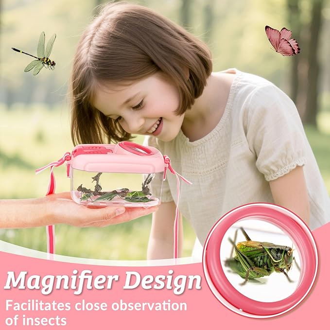 2 Set Bug Catcher for Kids- Educational Bug Catching Kit Including Butterfly Net, Insect Clip, Tweezer, Outdoor Toys for Kids Ages 3-10 (Pink)-CubbioJoy