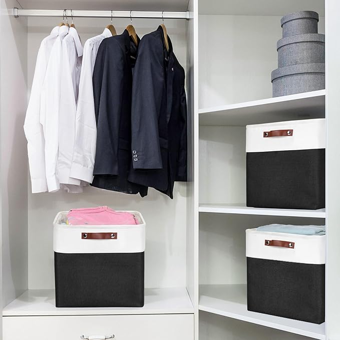 13x13 Cube Storage Bins, Collapsible Fabric Storage Box, 4 Pack Closet Baskets with Handles for Organizing, Shelf, Toys, Clothes, Home, Office, Nursery (Black&White)-CubbioJoy