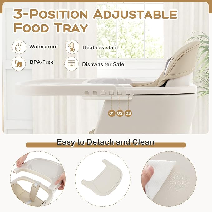 BABY JOY Convertible Baby High Chair, 3 in 1 Wooden Highchair/Booster/Chair with Removable Tray, Adjustable Legs, 5-Point Harness, PU Cushion and Footrest for Baby, Infants, Toddlers (Beige)-CubbioJoy
