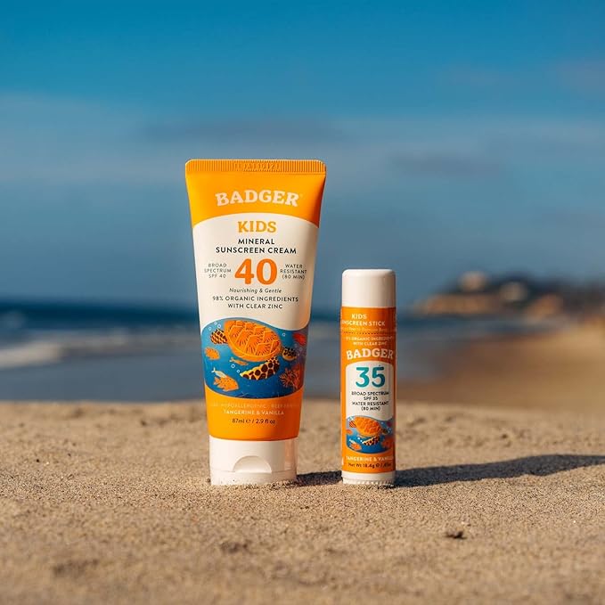Badger Kids Mineral Sunscreen Combo, SPF 40 Cream + SPF 35 Kids Face Stick, Organic Sunscreens w/Mineral Zinc Oxide, Water Resistant, Reef Safe Broad Spectrum, Tangerine & Vanilla Scent, 2-Count-CubbioJoy