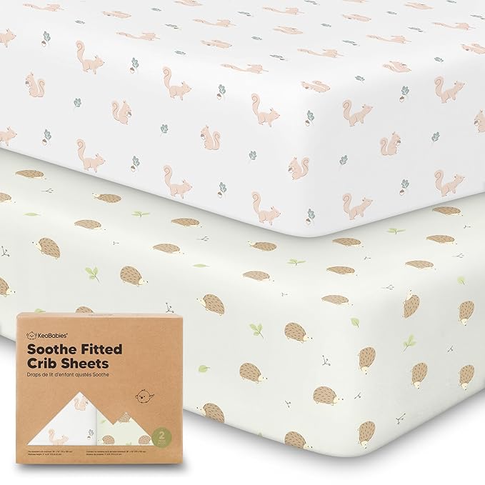 KeaBabies 2-Pack Organic Crib Sheets for Boys, Girls - 52x28 Fitted Crib Mattress Sheet Neutral, Breathable Jersey Cotton Cover for Baby Bed, Toddler Mattress, Soft & Cute Prints (Nibbles/Bruce)-CubbioJoy
