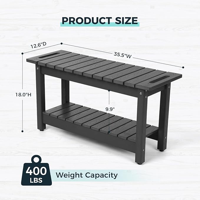 35" Shower Bench, Waterproof Poly Lumber Shower Stool for Shaving Legs, Shower Chair Seat Holds up to 400lbs, Bathroom Bench for Inside Shower, Non-Slip (Grey)-CubbioJoy