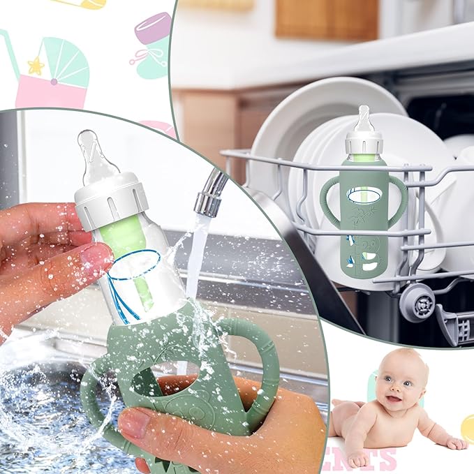 3 Pack Silicone Sleeves for Dr. Brown's Glass Baby Bottles - Drop Protection Baby Bottle Sleeves,Compatible with Dr. Brown's Newborn Glass Bottles,with Silicone Handles,8 oz-CubbioJoy