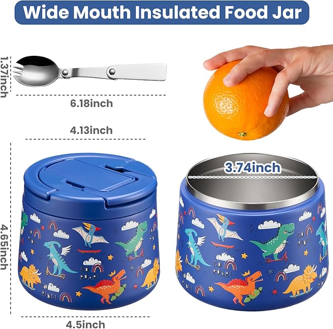 14oz Insulated Vacuum Food Jar with Buckle Lid,Soup Thermo for Hot Food Kids,Wide Mouth Leakproof Stainless Steel Lunch Container with Spoon-Dinosaur-CubbioJoy