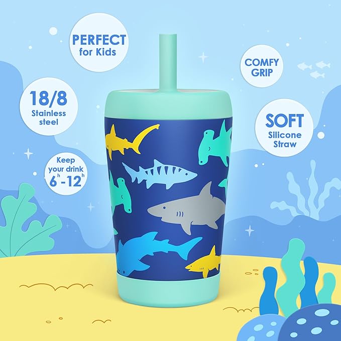 Kid Insulated Stainless Steel Tumbler with Silicone Straw, 12oz Sippy Cup for Kids (Sharks)-CubbioJoy