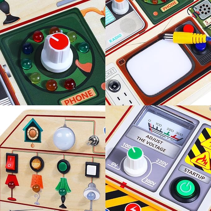 JAUNTY Montessori Wooden Busy Board for Toddlers 3 4 5 Years Old, Wooden Sensory Toddler Toys with LED Light Switches, TV Radio Telegram and Car Driving, Travel Toys Birthday for Boys Girls-CubbioJoy