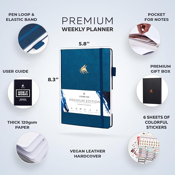 Clever Fox Planner Premium Edition – Undated Luxurious Weekly & Monthly Planner to Increase Productivity and Hit Your Goals – Organizer – Start Anytime, A5, Lasts 1 Year, Mystic Blue (Weekly)-CubbioJoy