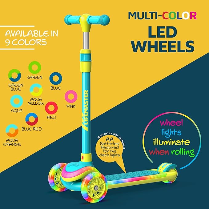 3-Wheel Kids Scooter with Multi-Color Lights on Deck & Wheels – 5-Height Adjustable Handlebar, Wide Anti-Slip Deck, Child Safety Certified, Boys & Girls Ages 3+ Supports Up to 150 lbs-CubbioJoy