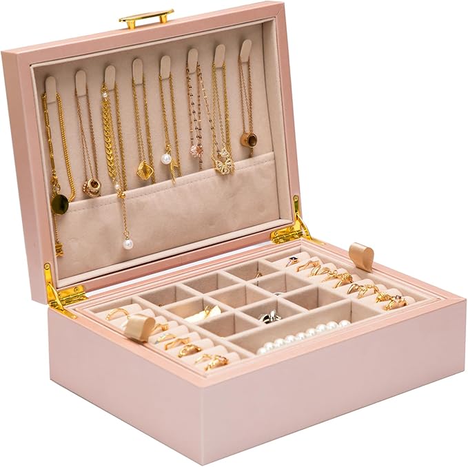 2-layer jewelry box，Jewelry Organizer with Handle，with hanging necklace hooks, detachable jewelry trays, suitable for storing a large amount of jewelry gift box (rose gold)-CubbioJoy