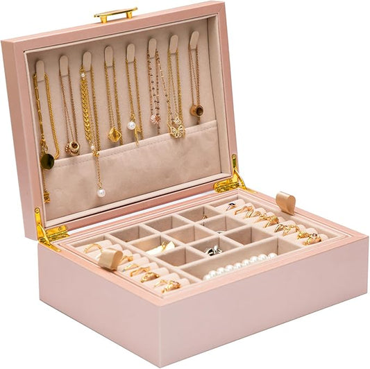 2-layer jewelry box，Jewelry Organizer with Handle，with hanging necklace hooks, detachable jewelry trays, suitable for storing a large amount of jewelry gift box (rose gold)-CubbioJoy
