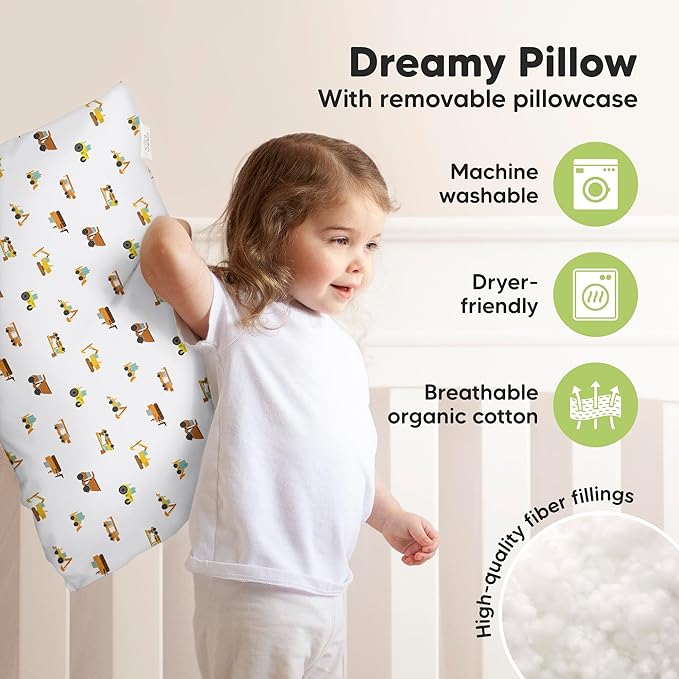 KeaBabies Toddler Pillow with Pillowcase, Jumbo 14X20 - Soft Organic Cotton Toddler Pillows for Sleeping - Machine Washable - Perfect for Travel, Toddler Bed Set (Construction)-CubbioJoy