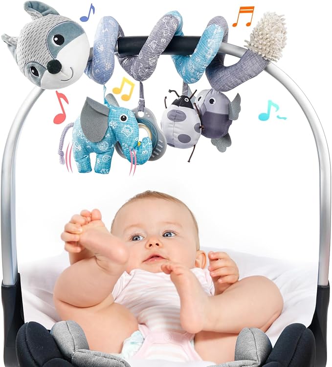 Jollybaby Baby Car Seat Stroller Toys, Plush Activity Hanging Spiral Activity Pram Crib with Music Box, Rattles, Squeaker for Babies Infant Boys Girls(Grey Fox)-CubbioJoy