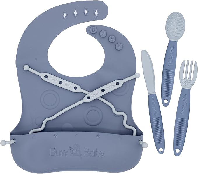 BUSY BABY Bungee Bib & Utensil Set – Adjustable Silicone Bib with Pocket & Tethered Utensils for Babies & Toddlers-CubbioJoy