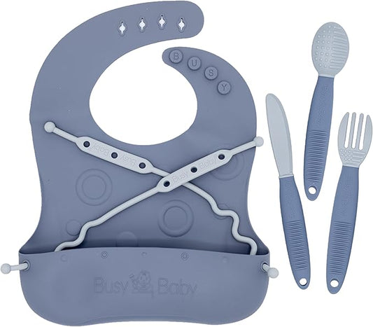 BUSY BABY Bungee Bib & Utensil Set – Adjustable Silicone Bib with Pocket & Tethered Utensils for Babies & Toddlers-CubbioJoy