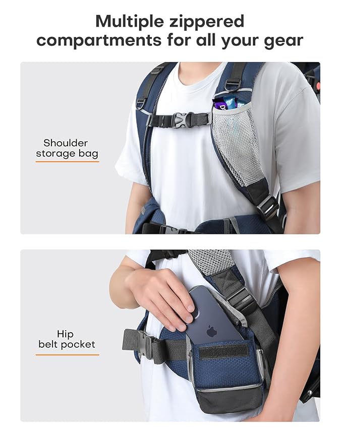 besrey Baby Backpack Carrier, Toddler Hiking Backpack with Safety 3-Height Seat, Adjustable Straps&Waist Belt, Foldable Frame Lightweight Large Capacity Child Carrier for Hiking (Blue/Grey)-CubbioJoy