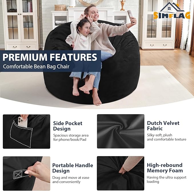 3FT Bean Bag Chair, Comfy Bean Bag Chairs with Memory Foam Filled, Fluffy Beanbag Sofa with Dutch Velvet Cover, Round BeanBag Chairs for Living Room, Playroom - Black-CubbioJoy