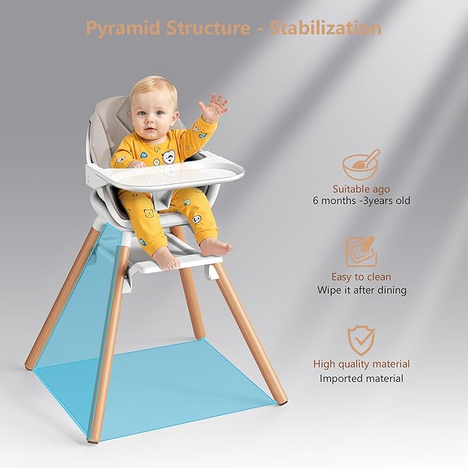 Baby High Chair, Highchair for Baby & Toddler, Easy Clean Infant Highchair, 6 in 1 Feeding High Chair with Removable Double Tray and Waterproof PU Cushion, Wooden Legs, Champagne-CubbioJoy