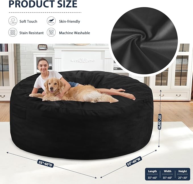6FT Bean Bag Chair, Large Bean Bag Chairs with Memory Foam Filled, Fluffy Beanbag Sofa with Dutch Velvet Cover, Round BeanBag Chairs for Living Room, Playroom - Black-CubbioJoy