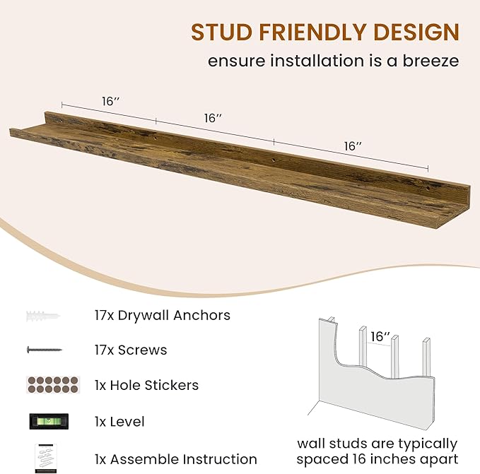 Axeman Picture Ledge Shelf, Floating Shelves for Wall Decor Set of 6, 55 inch Floating Wall Mounted Shelves, Shelves with Lip for Living Room, Bedroom, Nursery, Bathroom, Kitchen, Rustic Brown-CubbioJoy