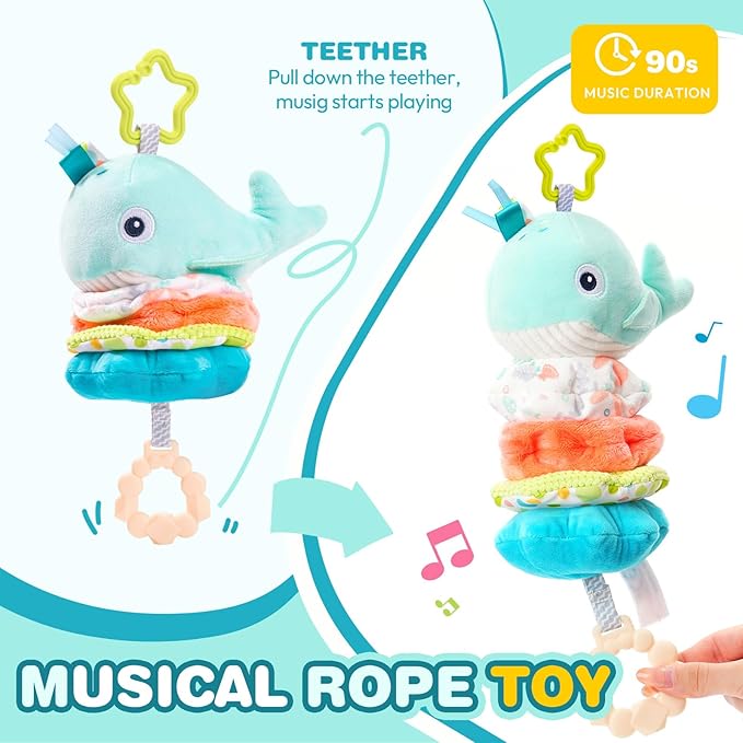 Jollybaby Baby Musical Pull String Hanging Toy for Stroller Car Seat Crib Play Gym, Plush Stuffed Whale Toy for Carseat with Music Teether Crinkle Paper, Sensory Toy for 0-6-12-18 Months Baby Gift-CubbioJoy