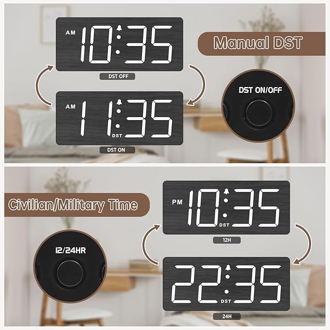 DreamSky Wooden Digital Alarm Clock for Bedroom - Loud Alarm Clock for Heavy Sleepers with Volume Control, Desk Clocks for Living Room with Large Numbers, Dimmer, DST, Wood Decor (Adapter Powered)-CubbioJoy